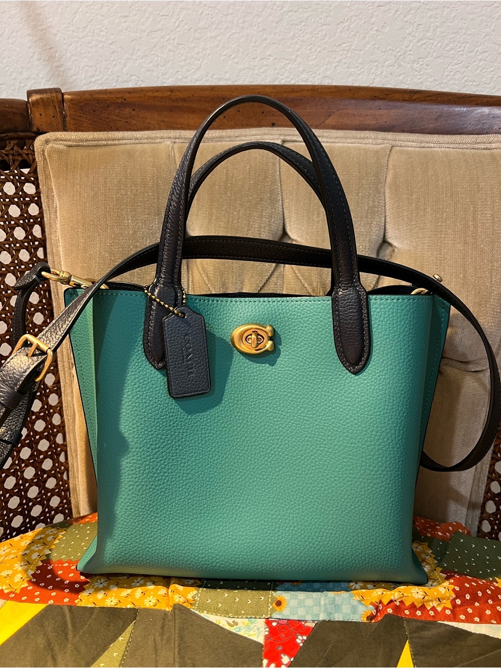 Coach Teal Pebbled Leather Tote with Black Handles